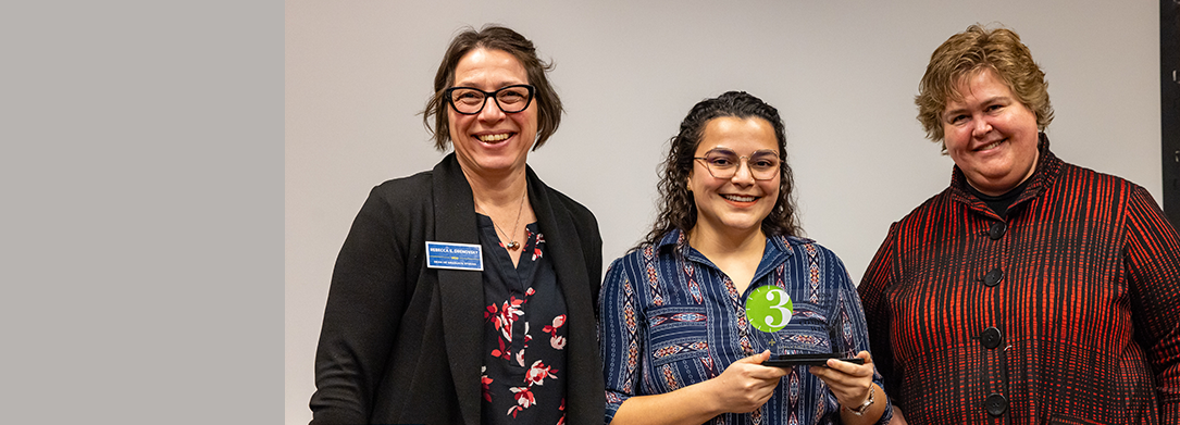 3MT Winner Katherine Porras Brenes pictured with Dean Drenovsky and Interim VP of Academic Affairs Dr. Gunzenhauser