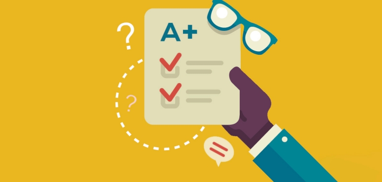 Graphic of a hand holding a test that has checks and an A plus on it