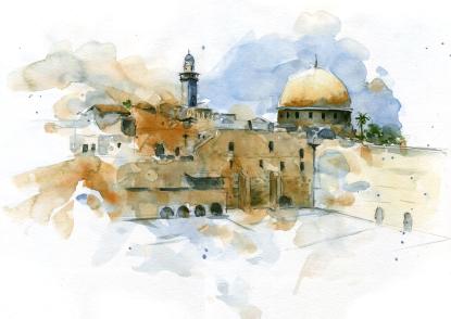 the western wall with the dome and minaret in the background